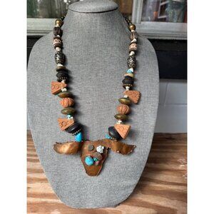 Handcrafted Boho Tribal Necklace With Bull Head Pendant Mixed Beads & Turquoise